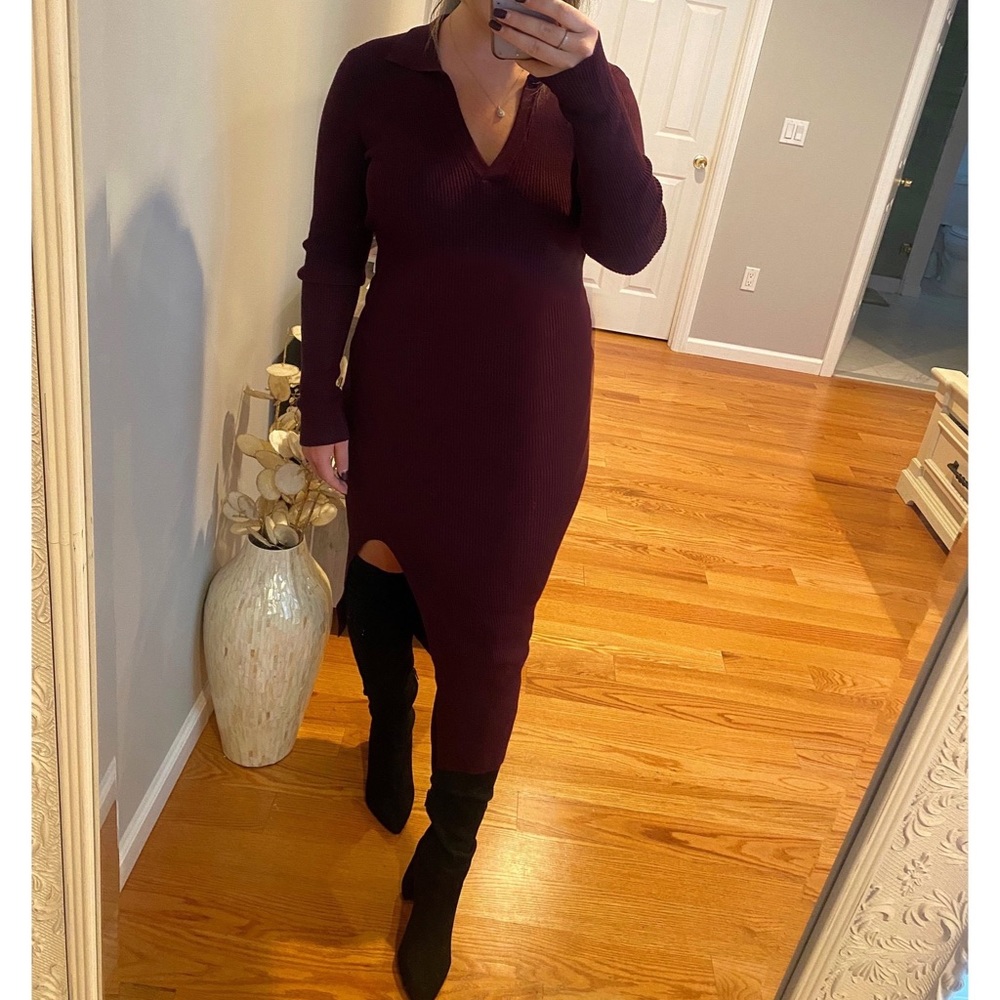 We're Sweater Together Brown Ribbed Knit Collared Midi Dress